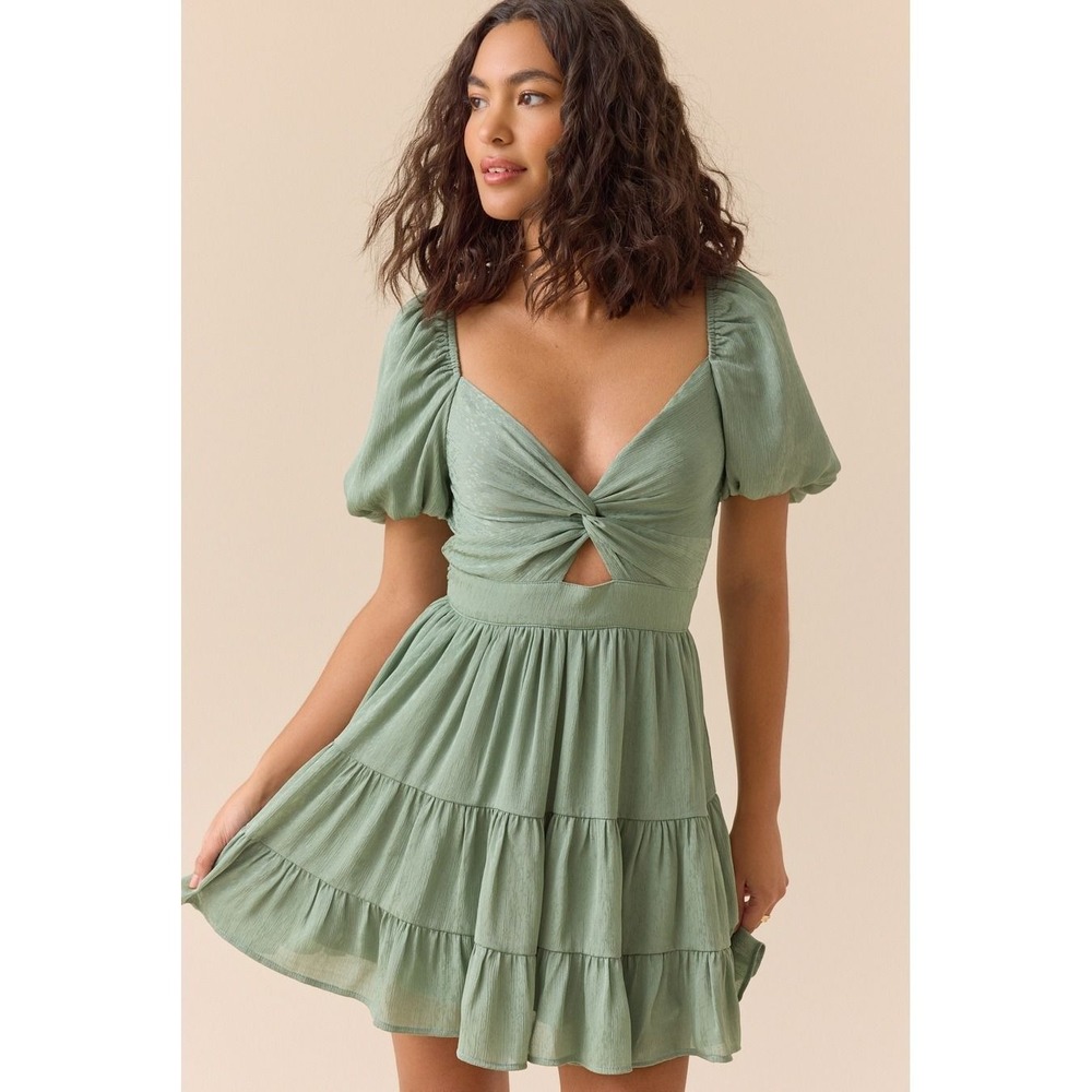 Altar'd State Sage Green Puff Sleeve Mini Dress Twist Front Tiered Size XXS